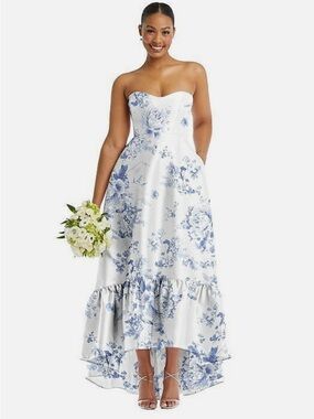 Alfred Sung Strapless Blue Floral High-Low Formal Dress